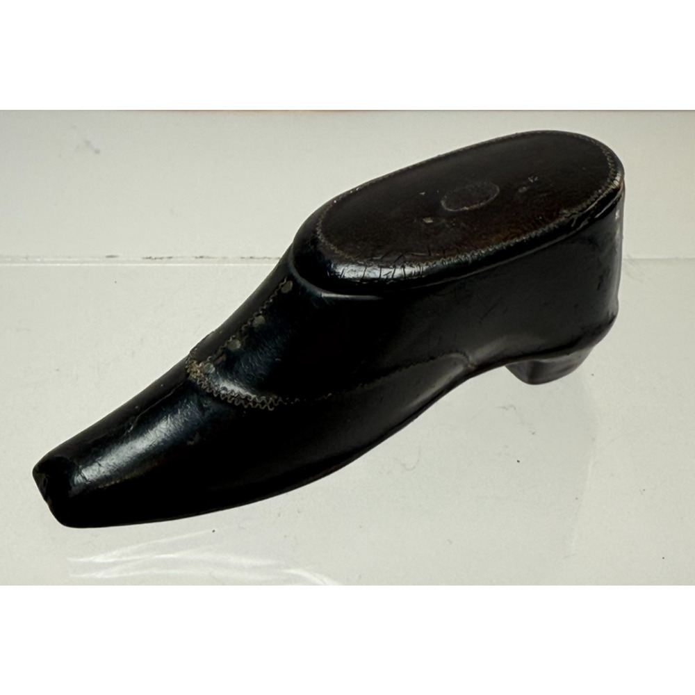 Victorian Era Black Lacquer Paper Mache Men's Shoe Match Safe Holder Snuff Box